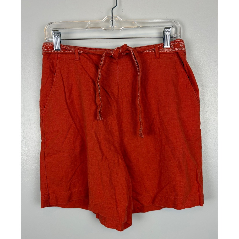 Erika Red Orange Linen High Rise Embroidered Tie Waist Shorts Medium Baggy Boho